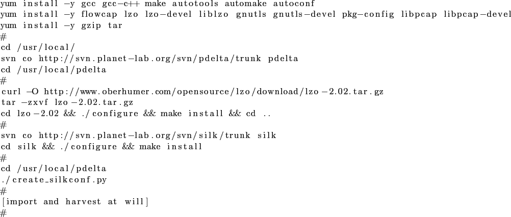 \begin{lstlisting}
yum install -y gcc gcc-c++ make autotools automake autoconf
y...
...al/pdelta
./create_silkconf.py
...