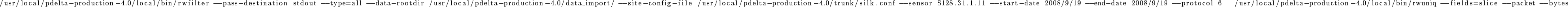 \begin{lstlisting}
/usr/local/pdelta-production-4.0/local/bin/rwfilter -pass-de...
...production-4.0/local/bin/rwuniq -fields=slice -packet -bytes
\end{lstlisting}